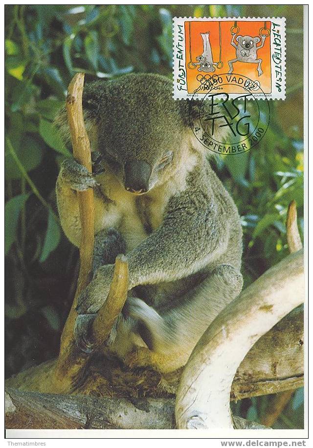 C1149 Koala Gymnastique Anneaux Liechtenstein 2000 FDC Premier Jour Carte Maximum Jeux Olympiques De Sydney - Estate 2000: Sydney