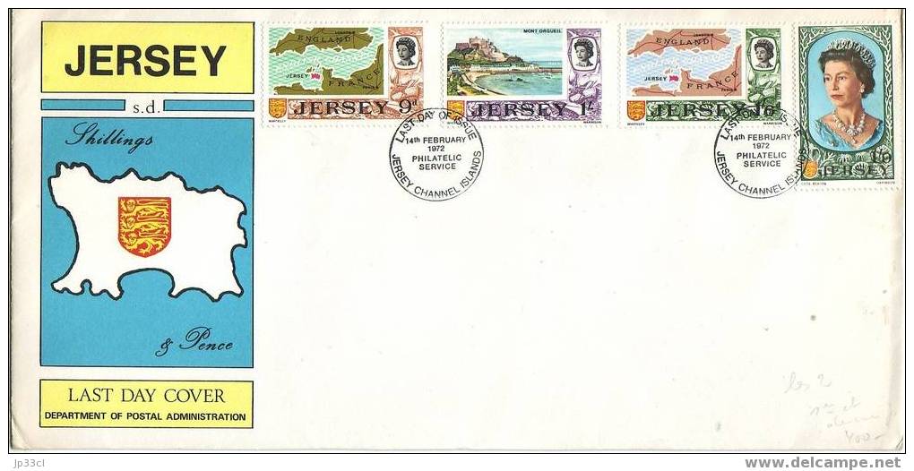 Last Day Cover - Timbres YT N°51-54 Avec Cachet Du 14/2/1972 (dernier Jour De Validité Avant Passage Au Système Décimal) - Jersey