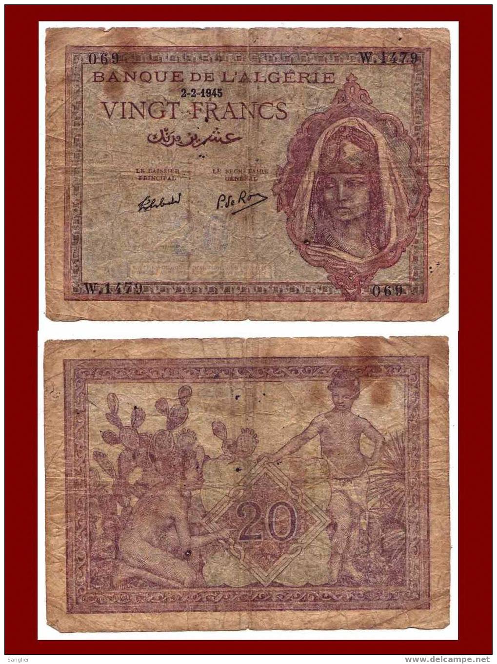 20 FRS ALGERIE 2-2-1945  SERIE W.1479 - Algérie