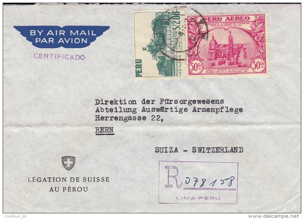 Peru-Switzerland :3 Lettres Recommandées 1957-60 /Ambassade Suisse. Cachets D'arrivée - Peru