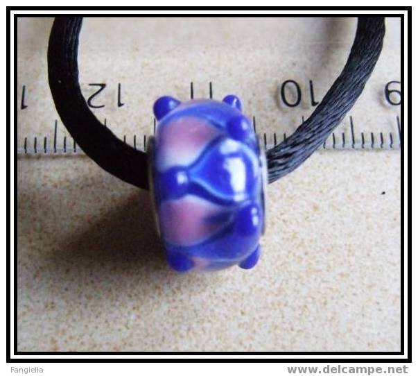 Perle De Luxe Artisanale - Lampwork - Sur Base Métal Style Pandora Gros Trou Fond Bleu Rose - Perlen