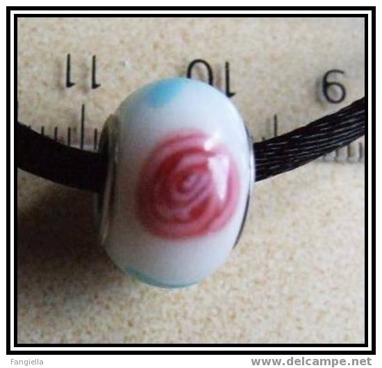 Perle De Luxe Artisanale - Lampwork - Sur Base Métal Style Pandora Gros Trou Fond Blanc - Parels