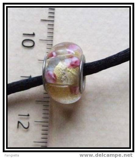 Perle De Luxe Artisanale - Lampwork - Sur Base Métal Style Pandora Gros Trou Fond Dré - Sur Feuille D´or - Perles