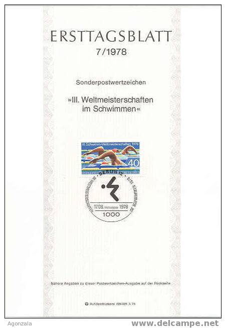 1978 FDC ERSTTAGSBLATT WELTMEISTERSCHAFTEN IM SCHWIMMEN NATATION BERLIN - Natation