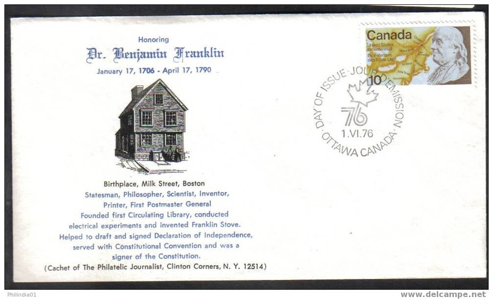 CANADA 1976 FAMOUS PERSON - Dr BENJAMIN FRANKLIN  HIS BIRTH PLACE SPECIAL COVER & CACHET # 5255 - Schauspieler