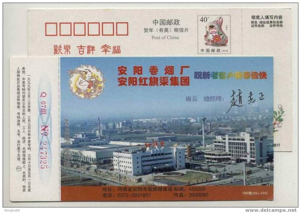 China 1999 Henan Tobacco Base Anyang Cigarette Factory Advertising Pre-stamped Card - Tobacco