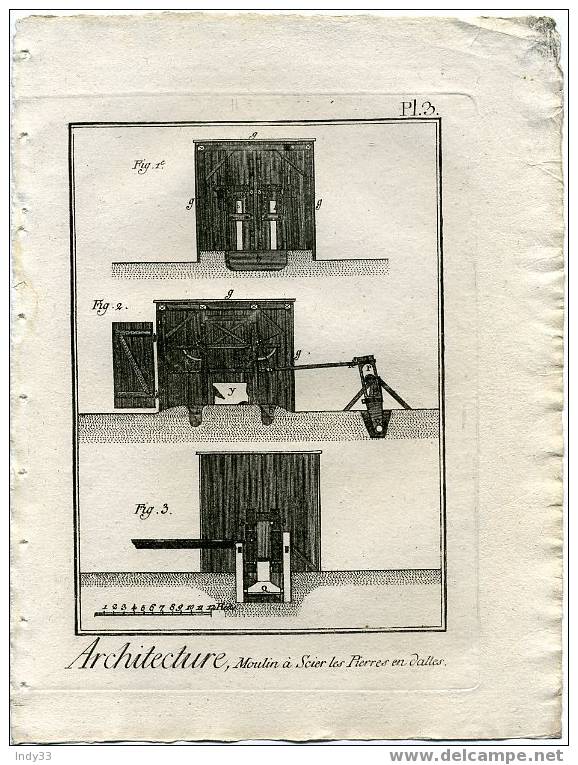 "ARCHITECTURE, Moulin A Scier Les Pierres En Dalles. Pl.3". EAU FORTE DU XVIIIe S. - Machines