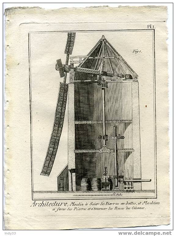 "ARCHITECTURE, Moulin A Scier Les Pierres En Dalles. Pl.1". EAU FORTE DU XVIIIe S. - Architettura