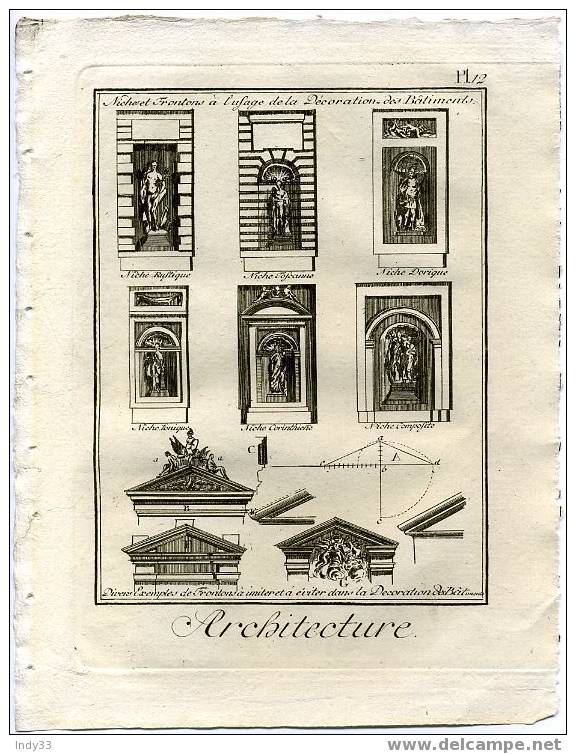 "ARCHITECTURE, Divers Exemples De Frontons A Imiter... Pl. 12". EAU FORTE DU XVIIIe S. - Architektur