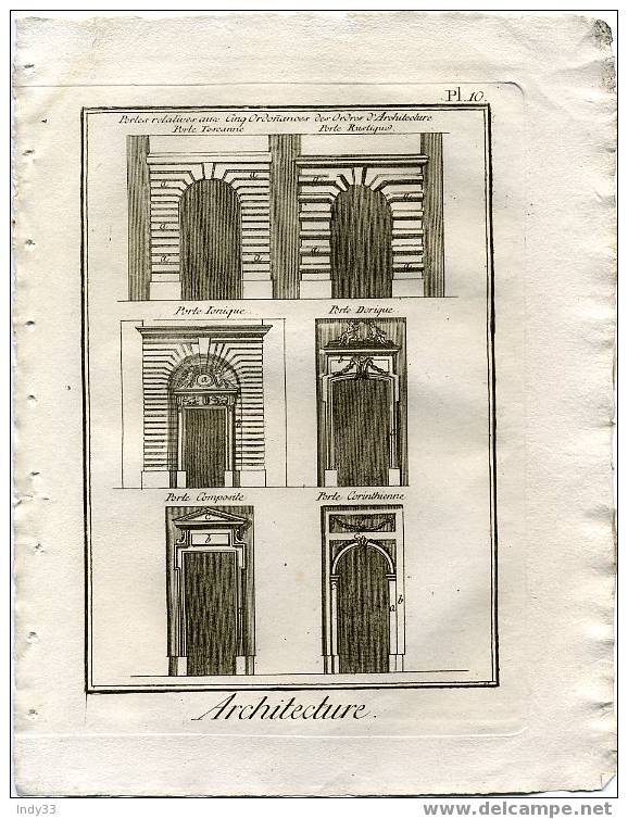 "ARCHITECTURE, Portes Relatives Aux Cinq Ordonnances Des Ordres D´Architecture . Pl. 10" - Architettura