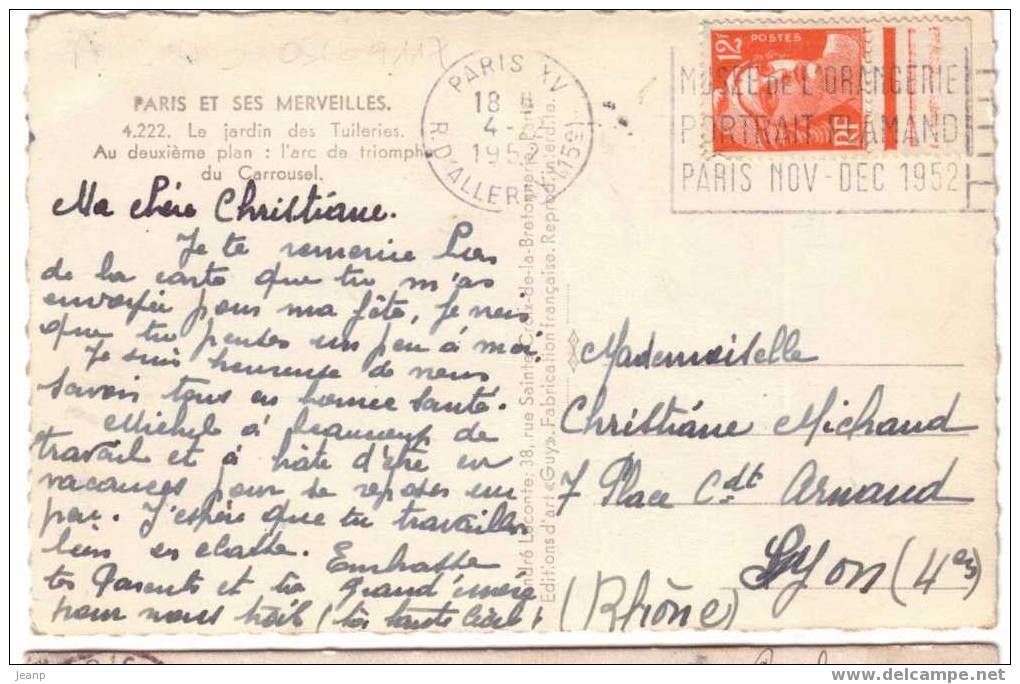 Marianne De Gandon 12f Orange Yvert 885 Seul Sur Carte Postale, Omec Paris XV De 1952 - 1945-54 Maríanne De Gandon