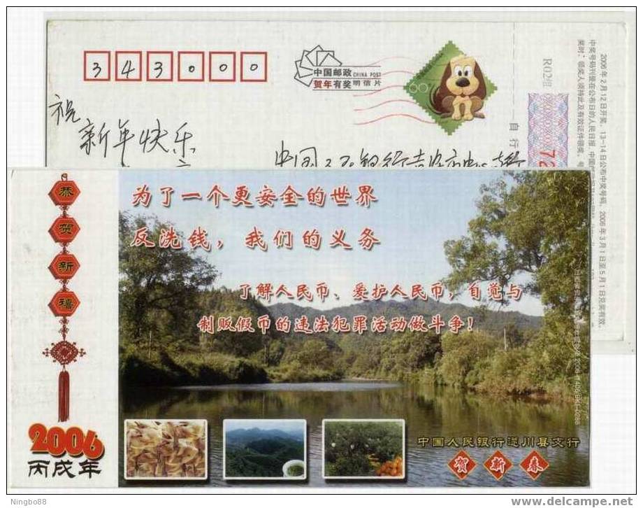 China 2006 Suichuan People Bank New Year Greeting Pre-stamped Card Anti-money-laundering And Local Product Green Tea - Altri & Non Classificati