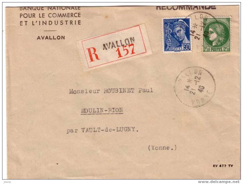 Mercure Yvert 414A Et Cérès Yvert 375 Sur Lettre Recommandée, 1940 - Postal Rates