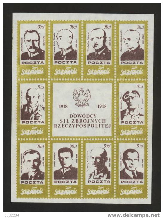 POLAND SOLIDARNOSC GENERALS 1918-1945 LARGE SHEETLET (SOLID1188/0882) - Vignettes Solidarnosc