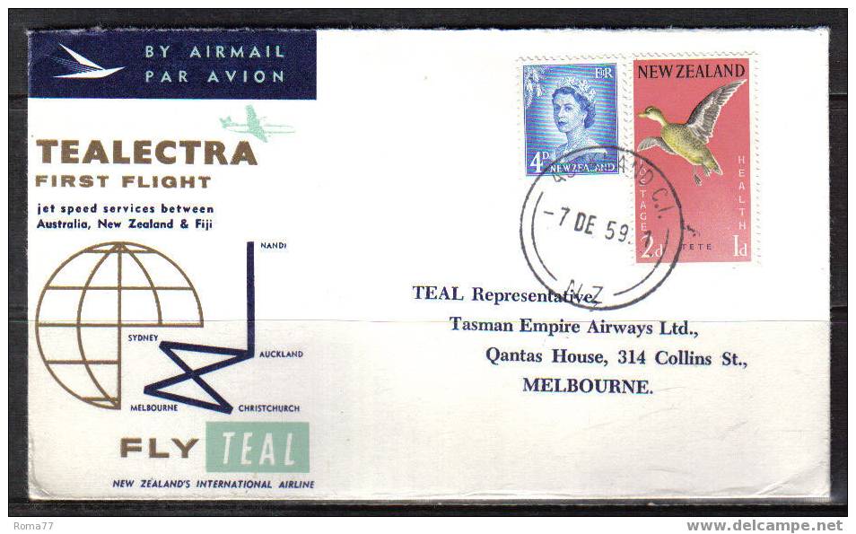 BOL1355 -  NUOVA ZELANDA  TEALECTRA 1st FLIGHT 7/12/1959 , JET  SERVICE - Cartas & Documentos