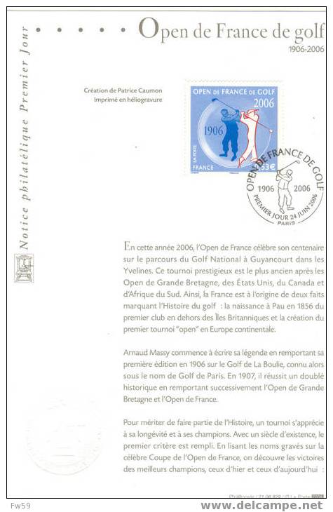 GOLF FRANCE NOTICE PHILATELIQUE 2006 100 ANS DE L OPEN DE FRANCE - Golf
