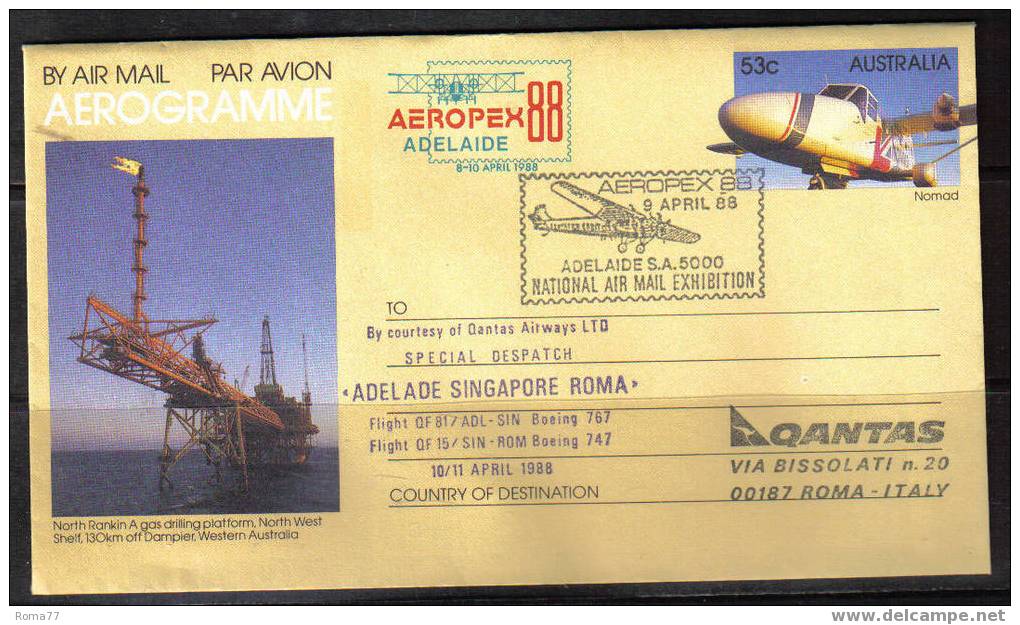 BOL1373 - QANTAS DISPACCIO SPECIALE ADELAIDE ROMA . 9/4/1988 .. AEROPEX 88 - Covers & Documents