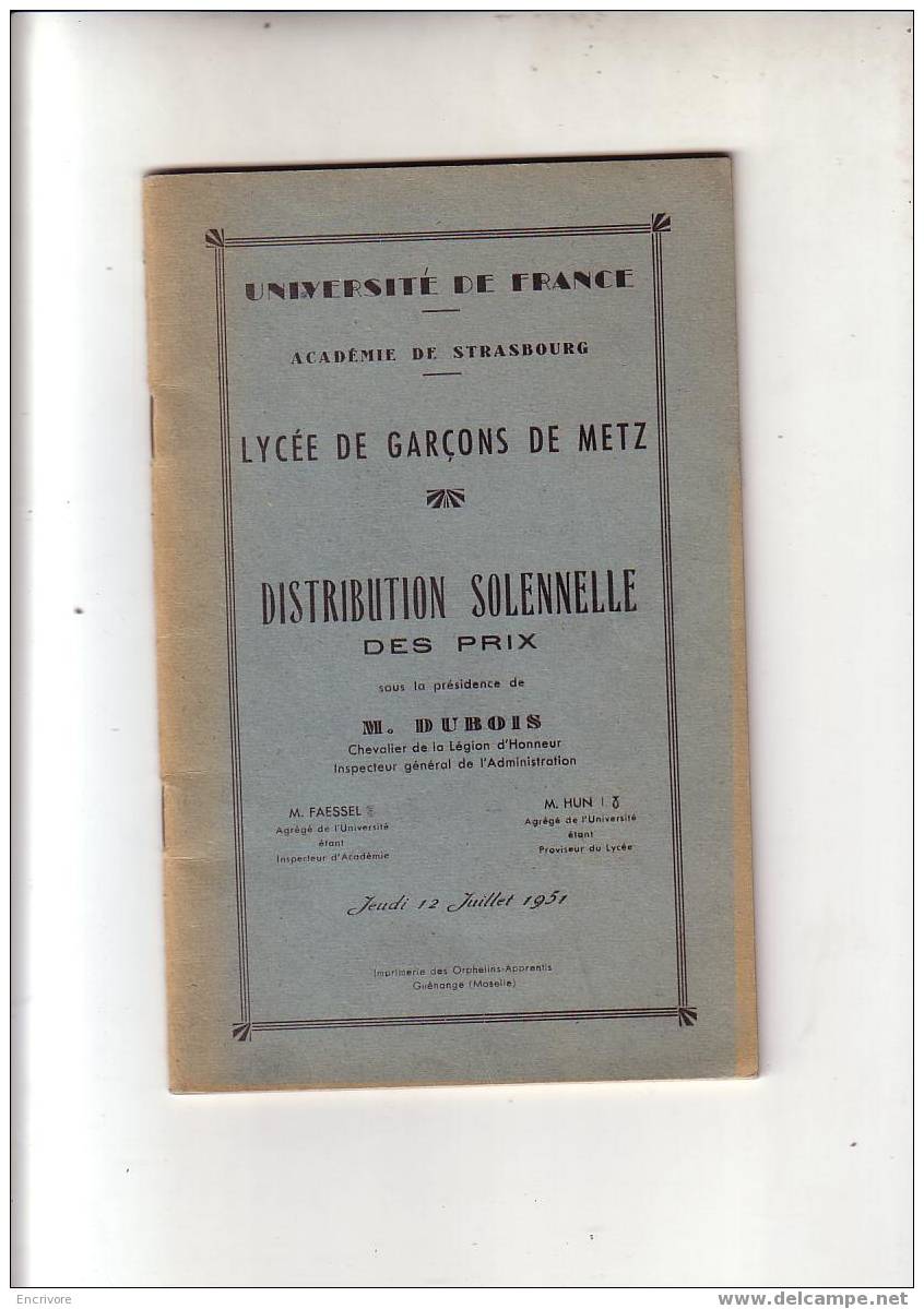 Lycée De Garçons De METZ - 1951 - Distribution Des Prix - Lorraine - Vosges
