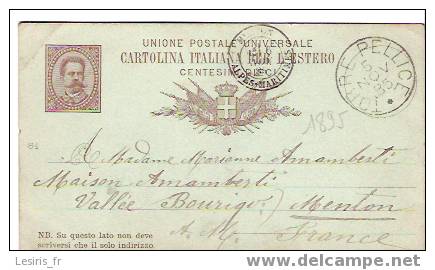 CPA - UNIONE POSTALE UNIVERSALE - CARTOLINA ITALIANA PER L´ESTERO - CENTESIMI DIECI - 5 / 11 / 1885 - DESTINATION MENTON - Entiers Postaux