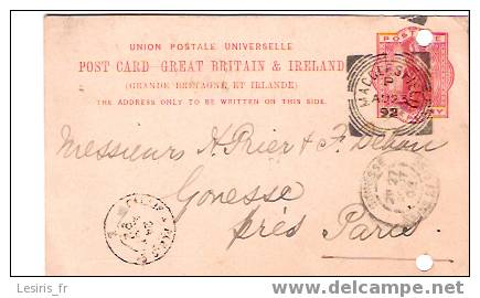 UNION POSTALE UNIVERSELLE - POST CARD - GREAT BRITAIN & IRELAND - 23 / 8 / 1892 - DESTINATION GONESSE PRES PARIS - Stamped Stationery, Airletters & Aerogrammes
