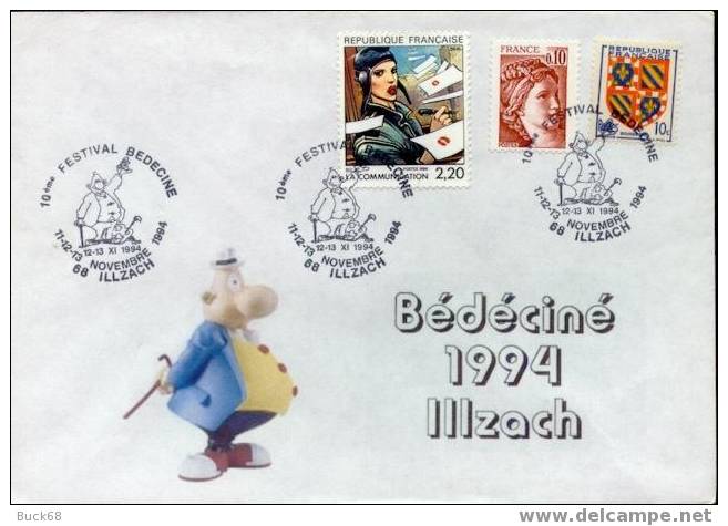 BEDECINE 1994 ILLZACH Enveloppe Cachet Officiel Michel GREG & Achille TALON + BILAL 23 - Stripsverhalen