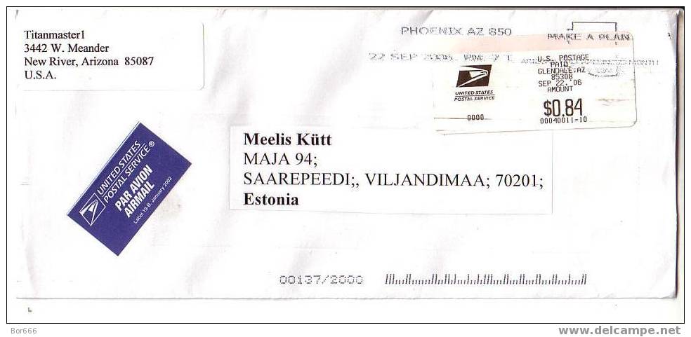 GOOD Postal Cover USA ( Glendale ) - ESTONIA 2006 - Postage Paid 0,84$ - Covers & Documents