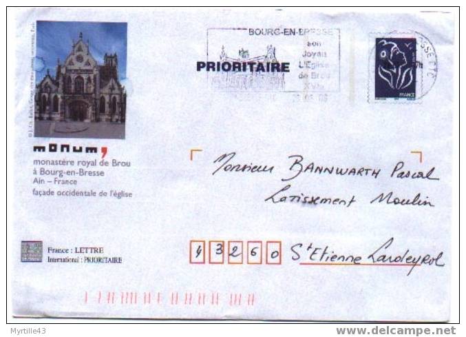 PAP TSC MONUM OBLITERE (Marianne De Lamouche Bleu) - MONASTERE ROYAL DE BROU - Prêts-à-poster:Stamped On Demand & Semi-official Overprinting (1995-...)