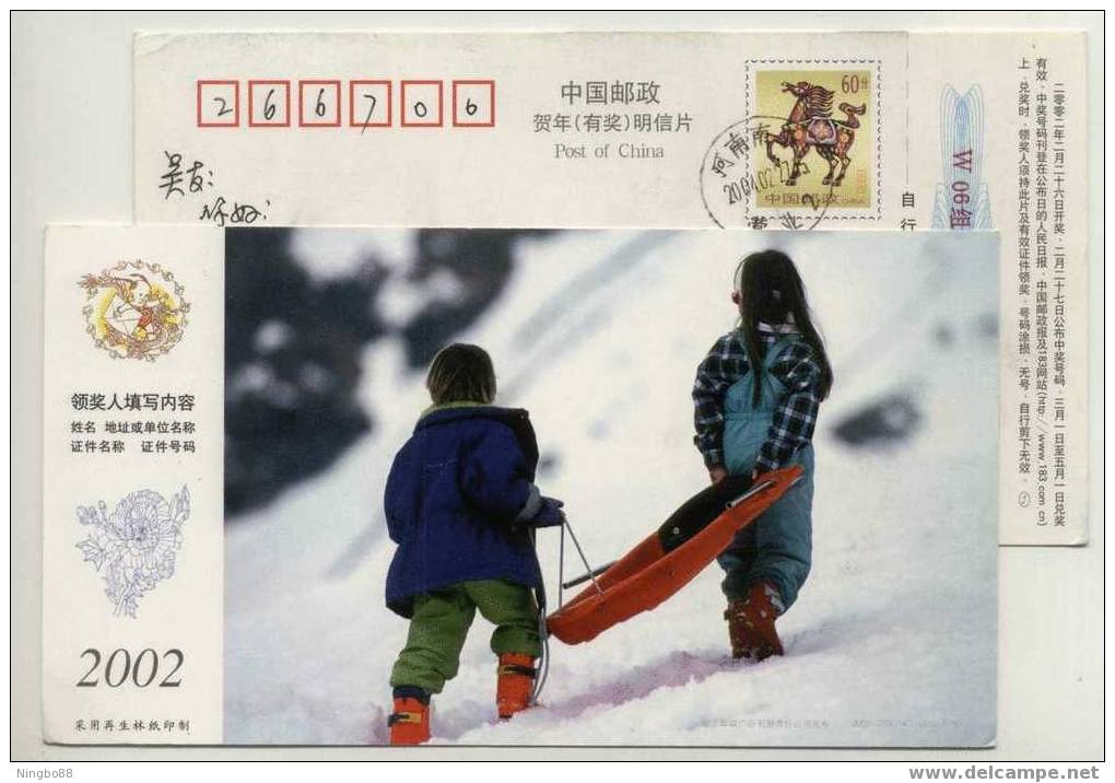 China 2002 New Year Greeting Pre-stamped Card Childhood Memory Snow Sledge Skiing Game - Invierno