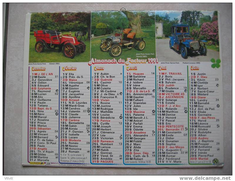 Calendrier 1991 : Voitures (Rolls Royce 1914; Alfa Roméo 1930; Citroen 1934; Clément 1902, 1903; Panhard-Levassor 1910) - Grand Format : 1991-00