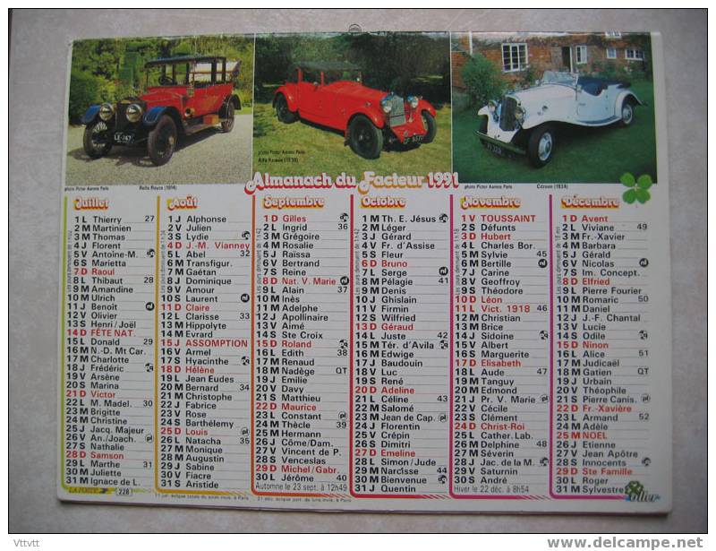 Calendrier 1991 : Voitures (Rolls Royce 1914; Alfa Roméo 1930; Citroen 1934; Clément 1902, 1903; Panhard-Levassor 1910) - Grand Format : 1991-00