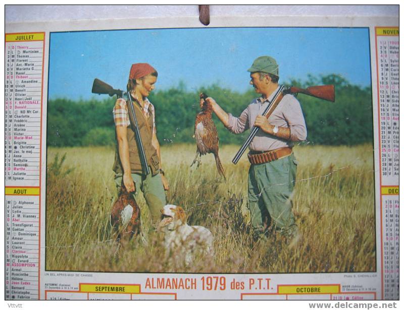 Calendrier 1979 : Chasse, "UN BEL APRES-MIDI DE CHASSE" (faisan, Chien); Pêche, "PECHE EN EAU VIVE" (pêche à La Mouche) - Formato Grande : 1971-80