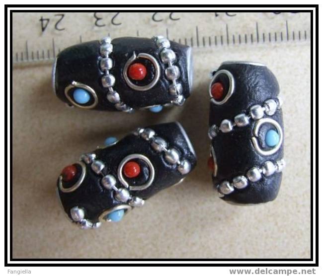 Lot De 3 Grosses Perles Artisanales Du Cachemire - Kashmiri - Environ 22x12mm - Pearls