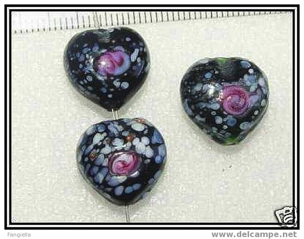 Lot De 3 Perles Artisanales - à La Lampe - Lampwork - Coeur Noir Environ 15mm - Parels