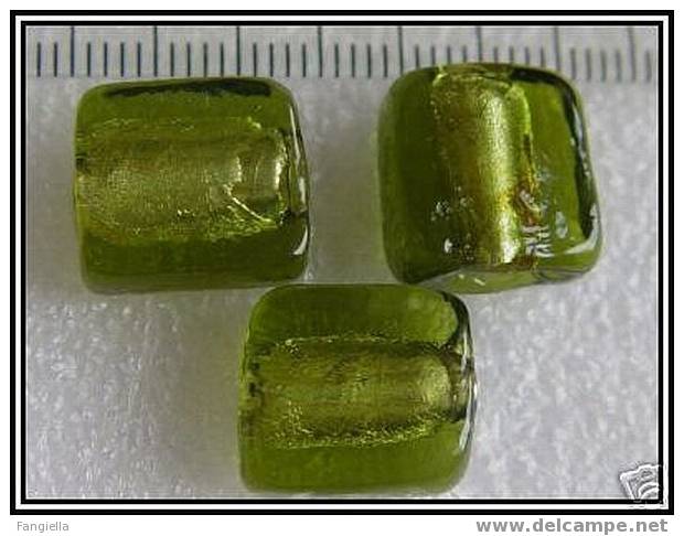1 Perle Artisanale Dichroic Carré Vert Bouteille Sur Feuille D´argent Environ 12x12mm - Perlen