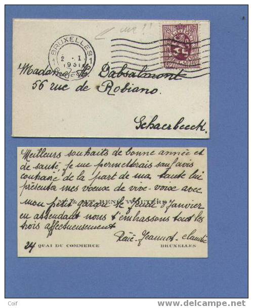 284 Op Naamkaartomslagje "carte Visite" (met Inhoud)  Geen Uuraanduiding In Stempel BRUSSEL - 1929-1937 Heraldieke Leeuw
