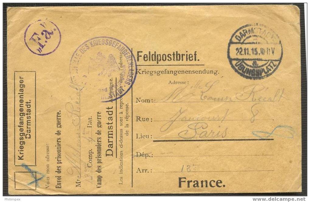 P.O.W COVER 1915, GERMANY -> FRANCE, Kriegsgefangenenlager Darmstadt - WW1 (I Guerra Mundial)