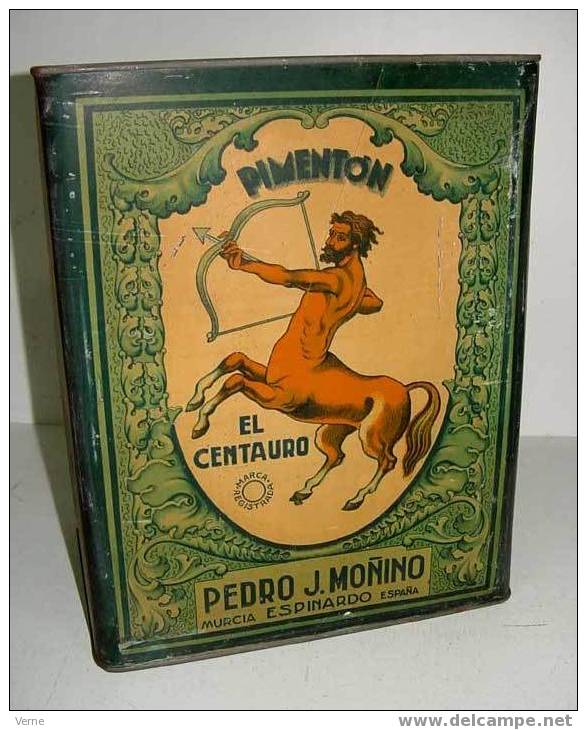 TIN BOX . ANTIGUA CAJA DE HOJALATA LITOGRAFIADA CON PUBLICIDAD DE PIMENTON EL CENTAURO, PEDRO J. MONIÑO, MURCIA ESPINARD - Boîtes