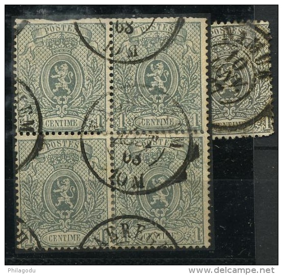 Belgique 1868 Rare 1c Gris Bleu 23Ad Dent 15 Bloc De 4  Oblitéré  USED Cote Supposée 720 € - 1866-1867 Piccolo Leone