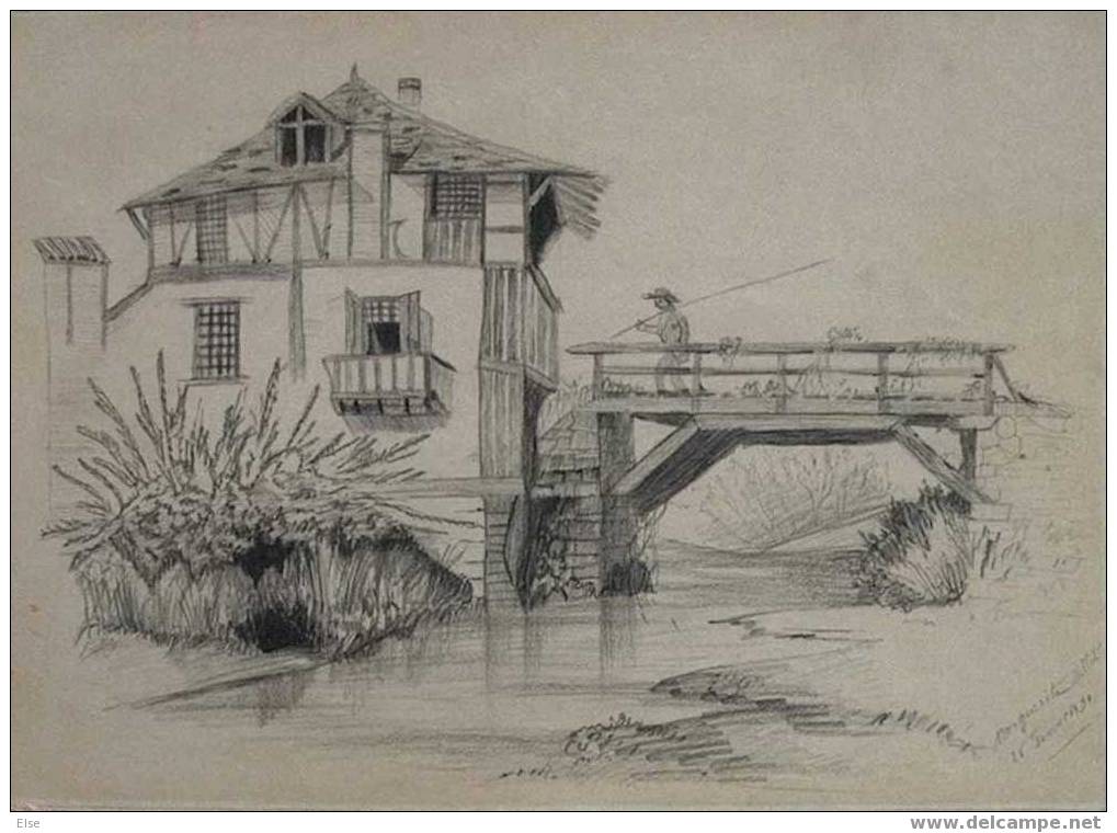 MAISON A COLOMBAGE AVEC UN PECHEUR  -  DESSIN DE MARGUERITE MILLOT   -  FEVRIER 1890 - Drawings