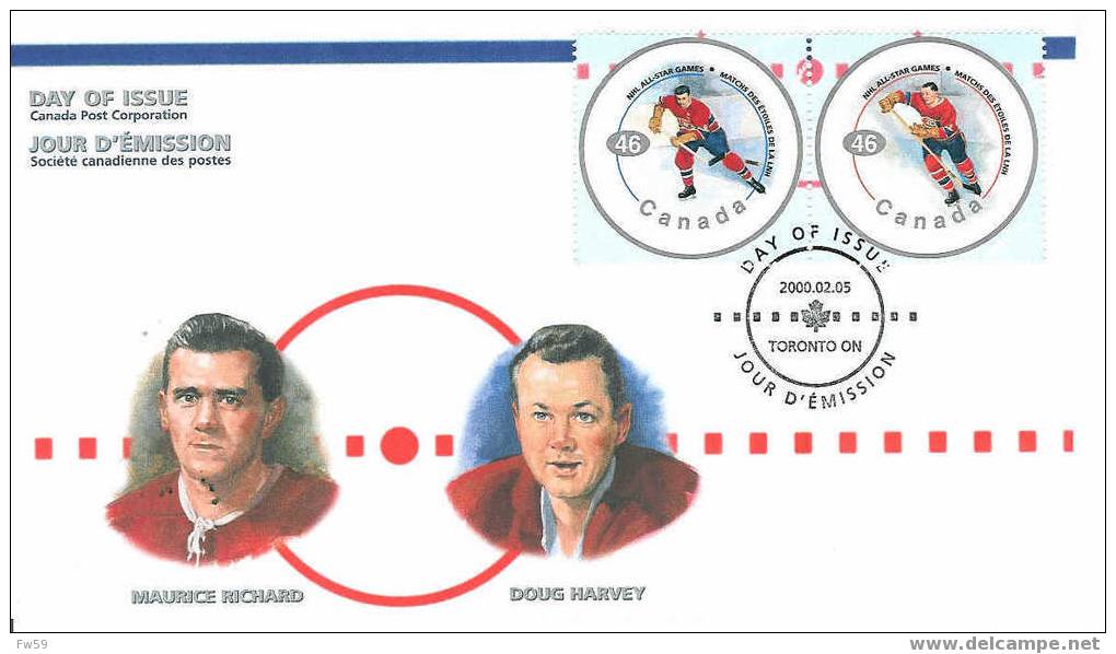 HOCKEY SUR GLACE FDC CANADA 2000 ALL STAR GAMES M RICHARD ET D HARVEY - Hockey (sur Glace)