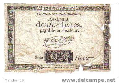 Assignat De 10 Livres Série 1012  L'an 1 Er De La Republique Filigrame Royal - Assignats & Mandats Territoriaux