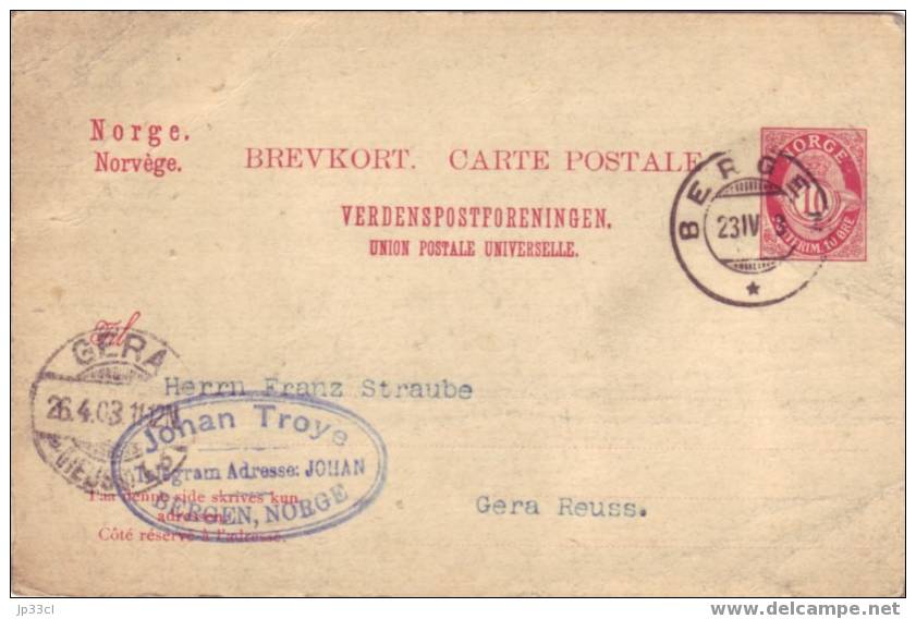 Entier Postal Stationary Du 23/4/1903 De Bergen à Gera Reuss (Allemagne) - Autres & Non Classés