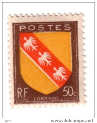 Blason 50c Lorraine Yvert 757, Jaune Déplacé, ** - 1941-66 Coat Of Arms And Heraldry