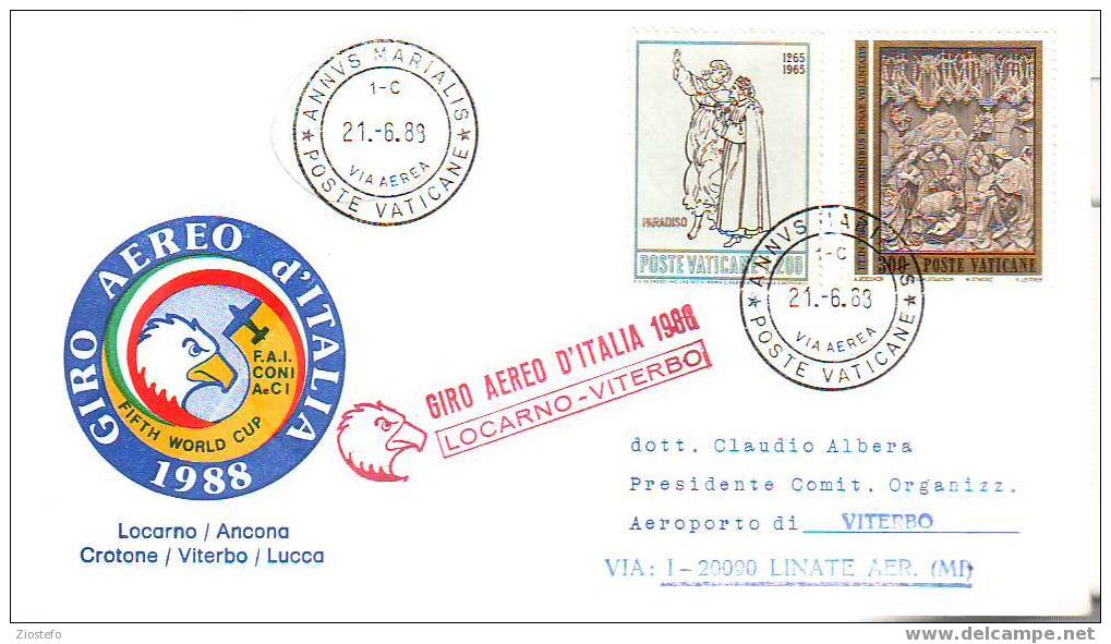 A13 Marcophilie Tour Aérienne D´Italie Giro Aereo D´Italia 1988 Locarno-Viterbo Fifth World Cup 21/6/1988 - Airmail