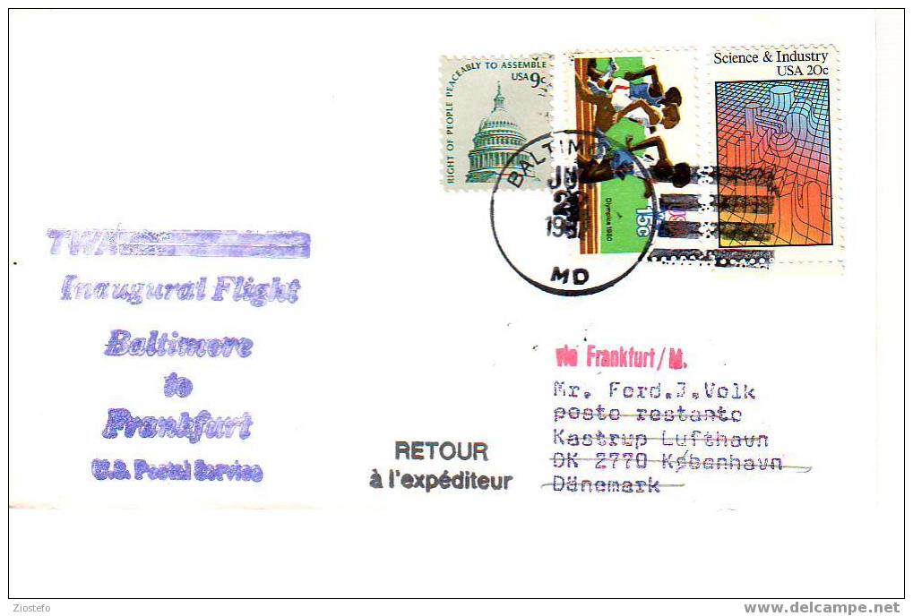 A27 Air Mail Par Avion TWA Baltimore To Frankfurt US Postal Service 22/6/87 - Scheikunde