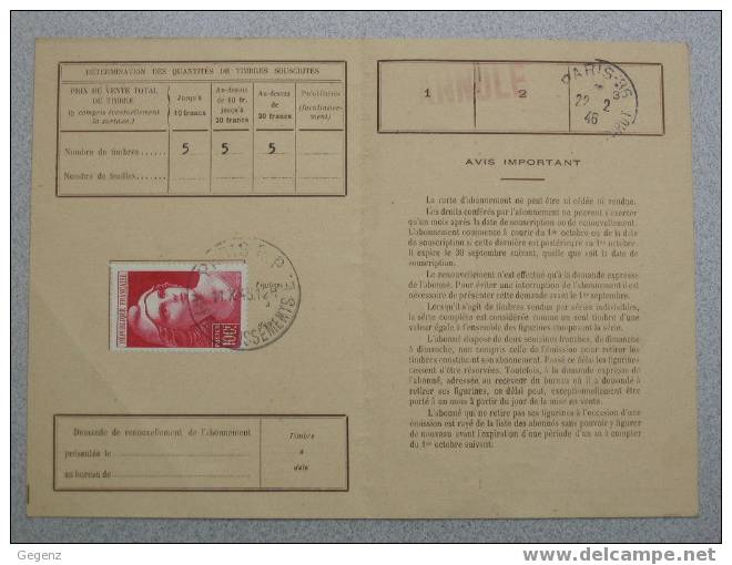 GANDON N°733 Sur Carte D'abonnement Type 3 - Paris Affranchissements -11/10/1945 - Postal Rates