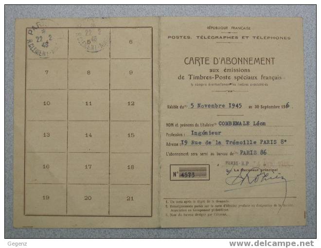 GANDON N°733 Sur Carte D'abonnement Type 3 - Paris Affranchissements -11/10/1945 - Postal Rates