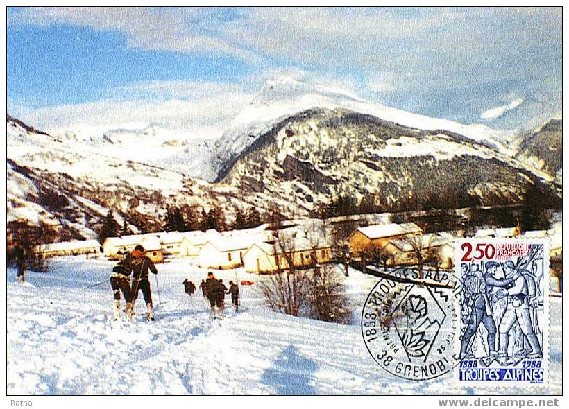 France : CM, Carte Maximum, Troupes Alpines, Sport, Montagne, Militaire, Chasseurs, Ski - Police - Gendarmerie