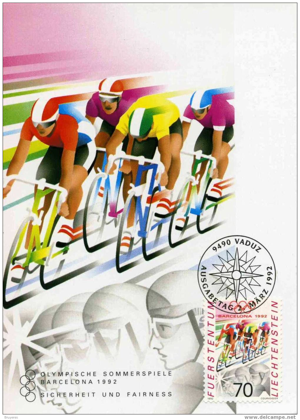 CP De 1992 Du Liechtenstein Avec Timbre Et Illust. "JO De BARCELONE - CYCLISME" - Oblit. Vaduz 02 Mars 1992 - Ete 1992: Barcelone