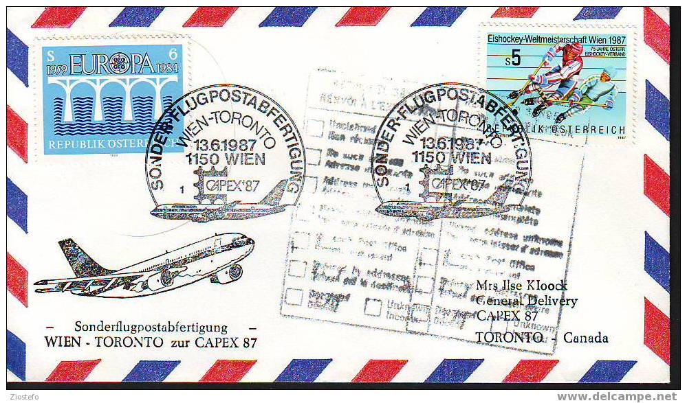 A97 Marcophilie Sonderflug Wien Toronto Capex 87 13/6/1987 - Sonstige & Ohne Zuordnung